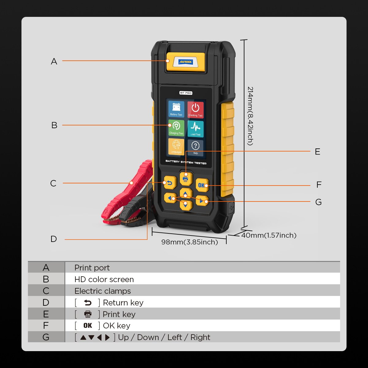 AUTOOL BT760 Hot Sale Color Screen Car AGM GEL Battery Tester with Printer 6- 32V Load Battery Analyzer Tester