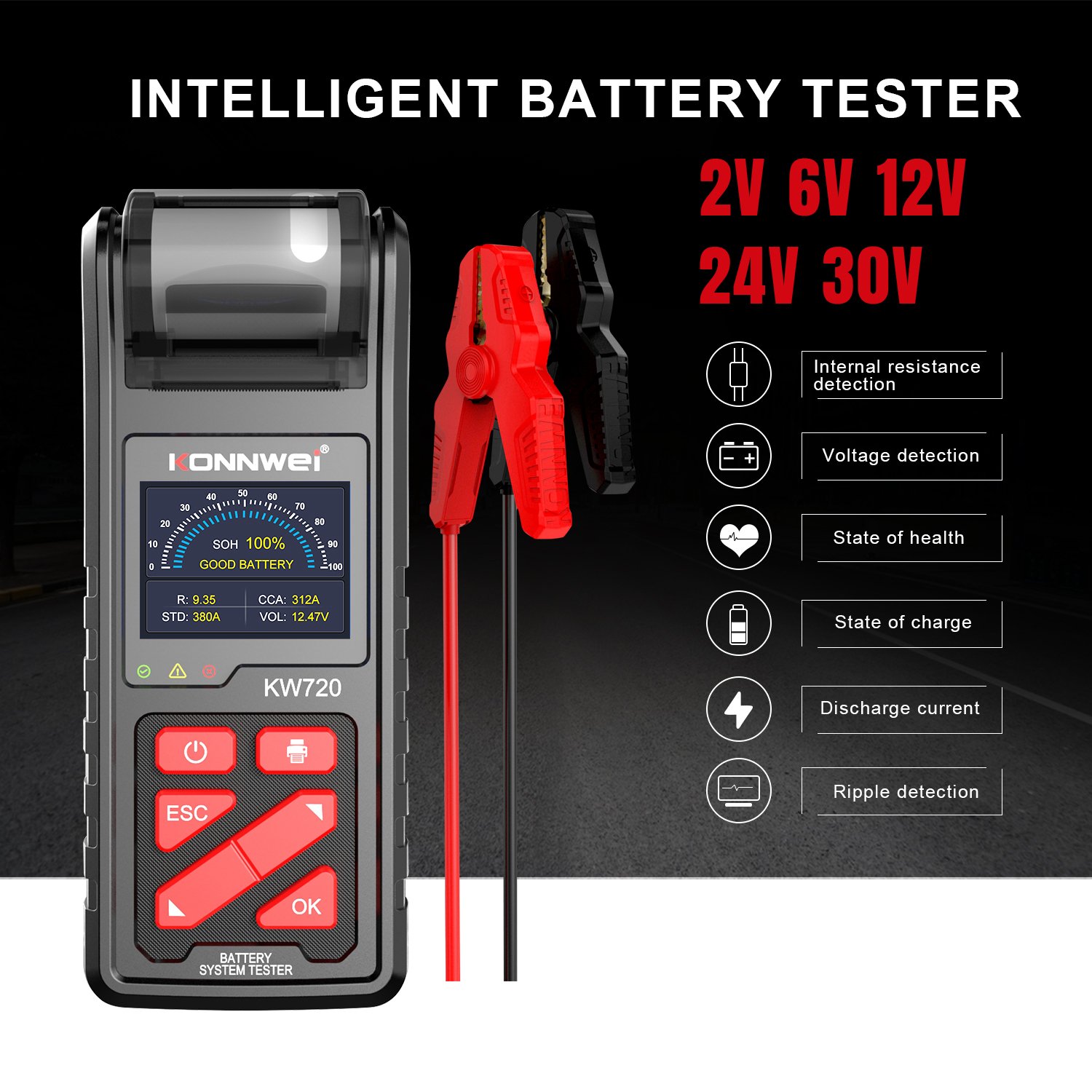 OEM battery testers Factory Universal diagnostic tools Konnwei kw720 car battery tester with printer for AGM, lithium batteries