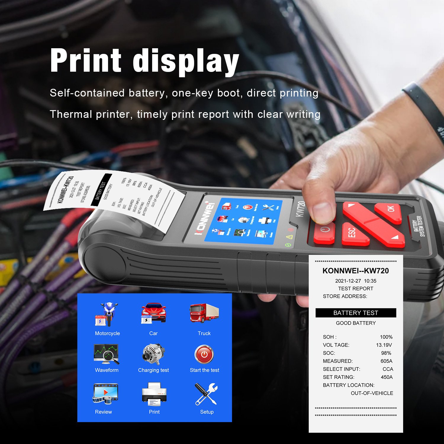 OEM battery testers Factory Universal diagnostic tools Konnwei kw720 car battery tester with printer for AGM, lithium batteries