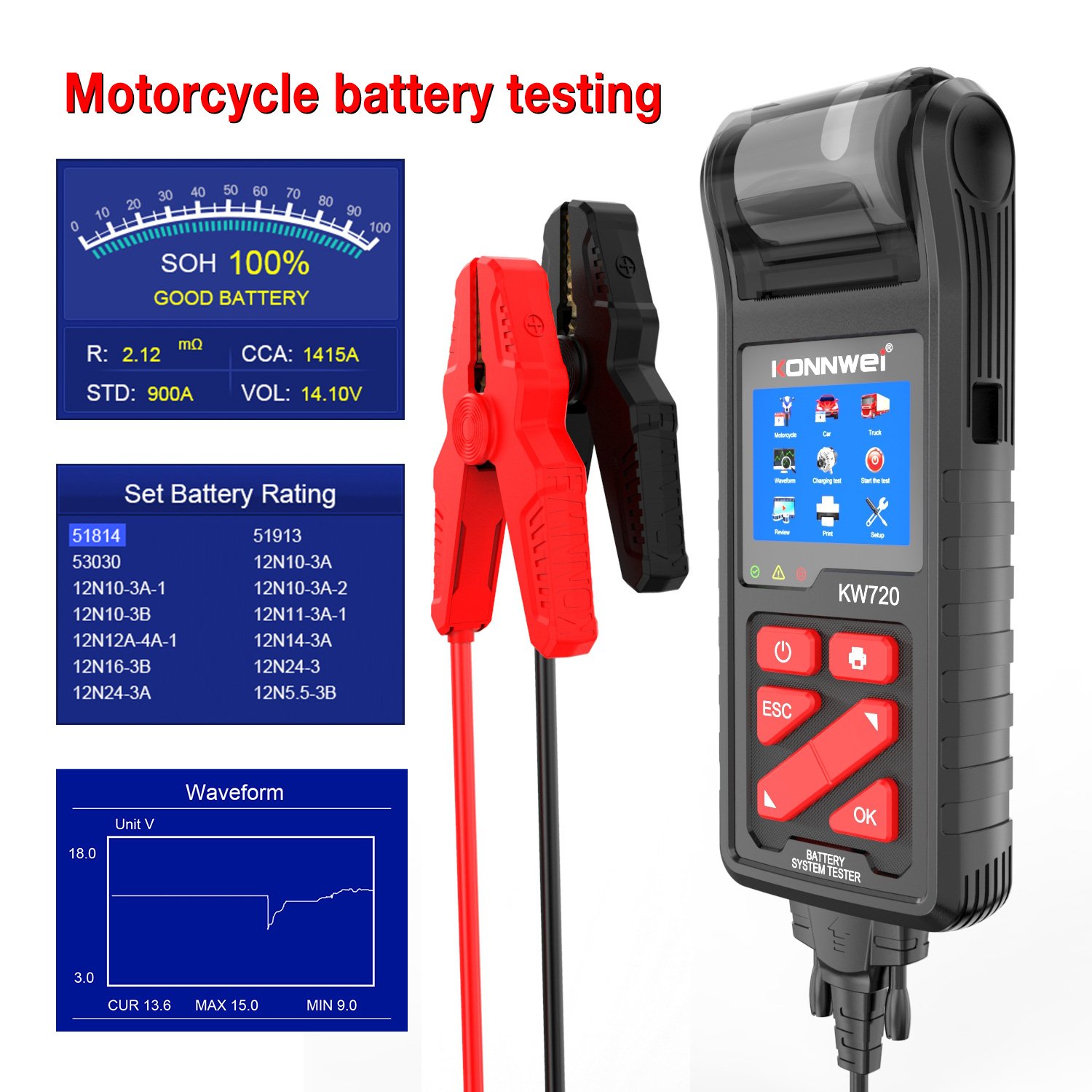 OEM battery testers Factory Universal diagnostic tools Konnwei kw720 car battery tester with printer for AGM, lithium batteries