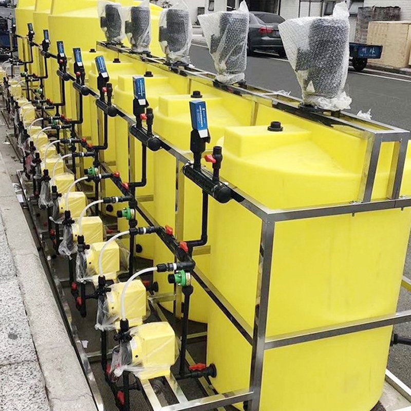 Integrated manufacturer water treatment scale inhibitor flocculant dosing system for liquid dosing