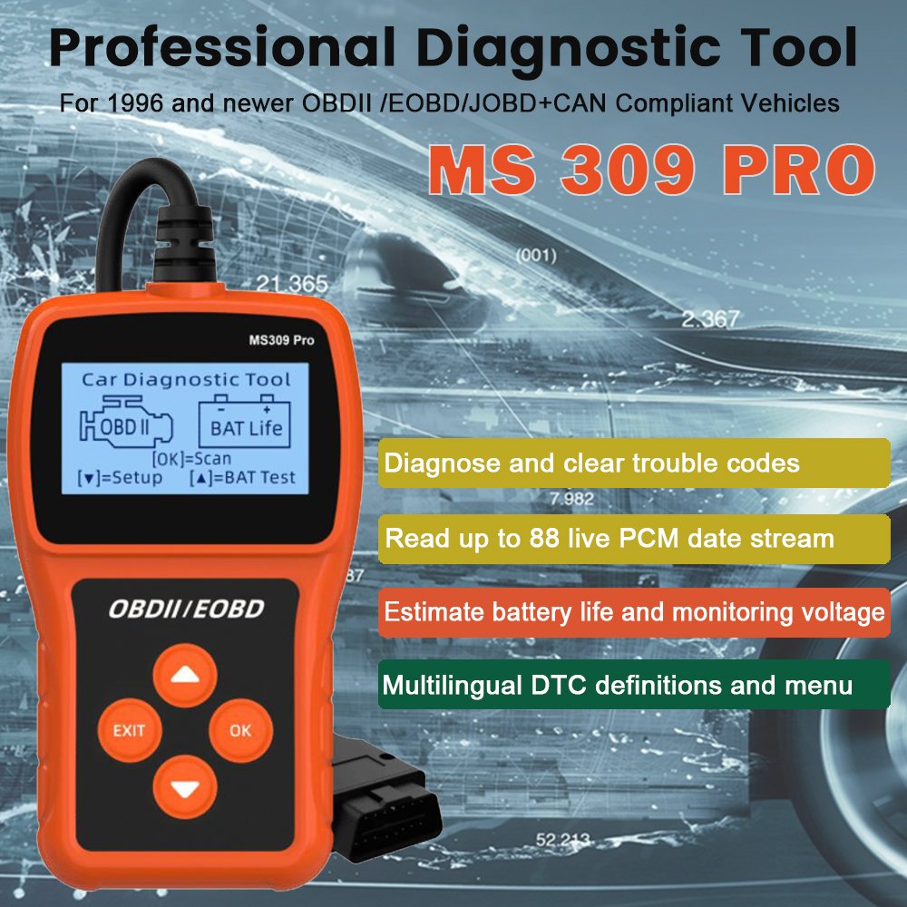 MS309 Pro Car Fault Detector Battery Tester OBD2 EOBD Scanner Code Reader Auto Engine Diagnostic Scan Tools with Multi-languages