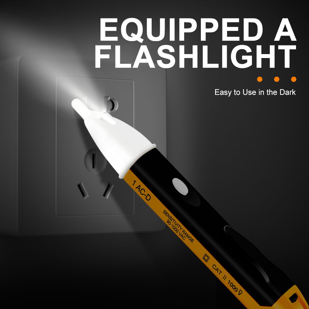 Non-Contact Voltage Tester with LED Flashlight Buzzer Alarm AC Voltage Detector Pen Test Range 90V-1000V&Live/Zero Line