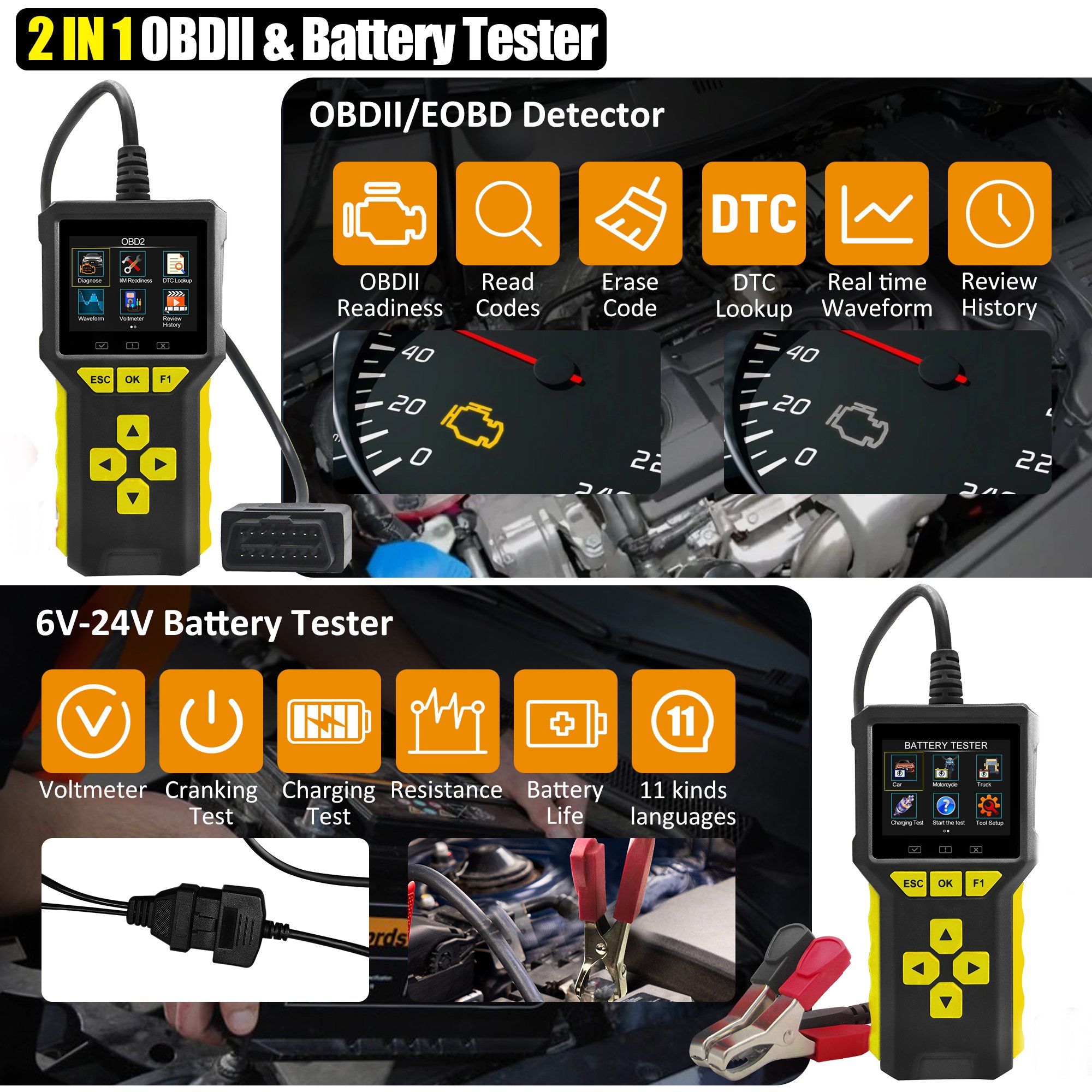 2024 Acclope Support Customize BT80 12V/24V Battery Analyzer & Portable Auto OBD2 Diagnostic Scanner Code Reader