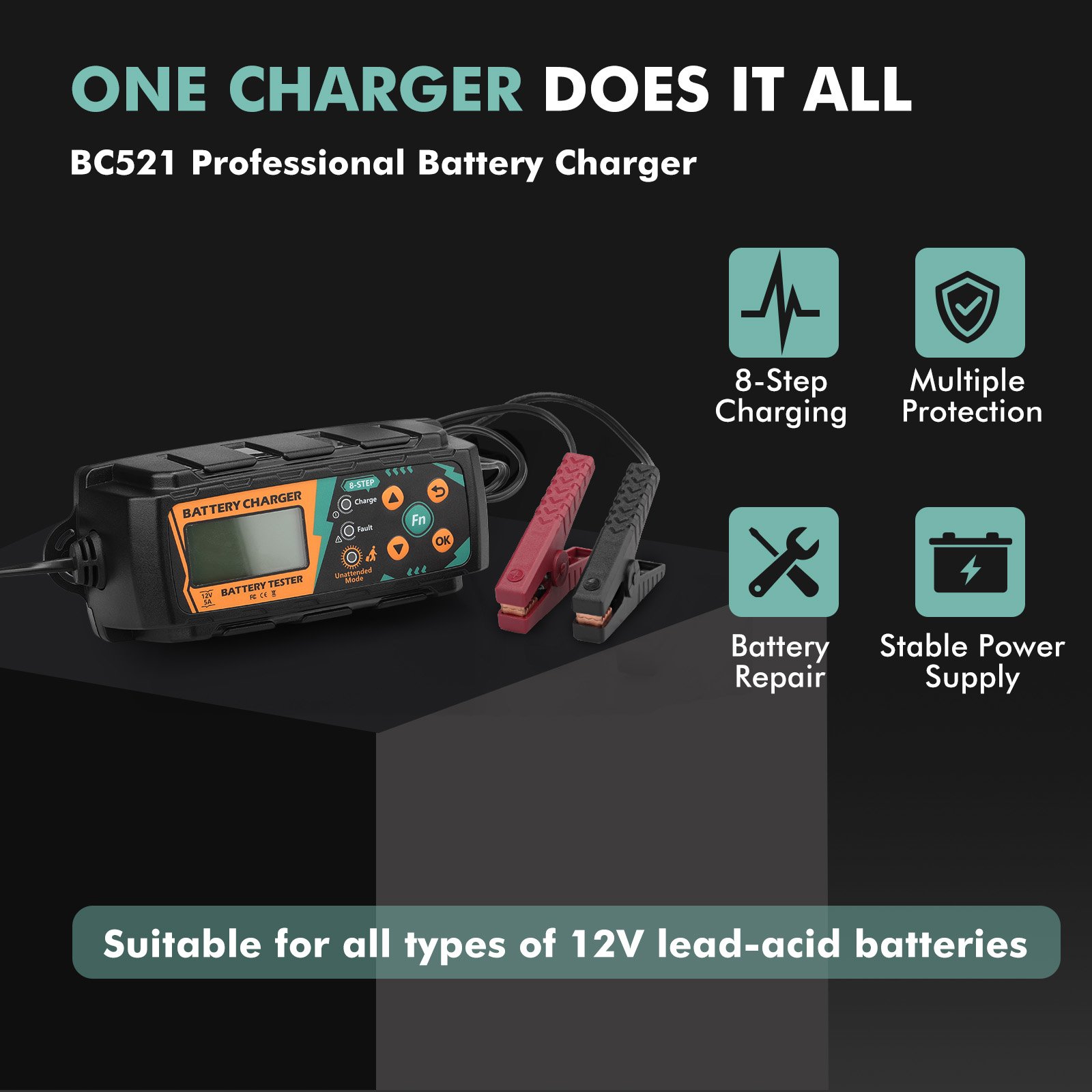 8-stage battery charger Long time connection IP65 waterproof battery repair and battery detection CCA test