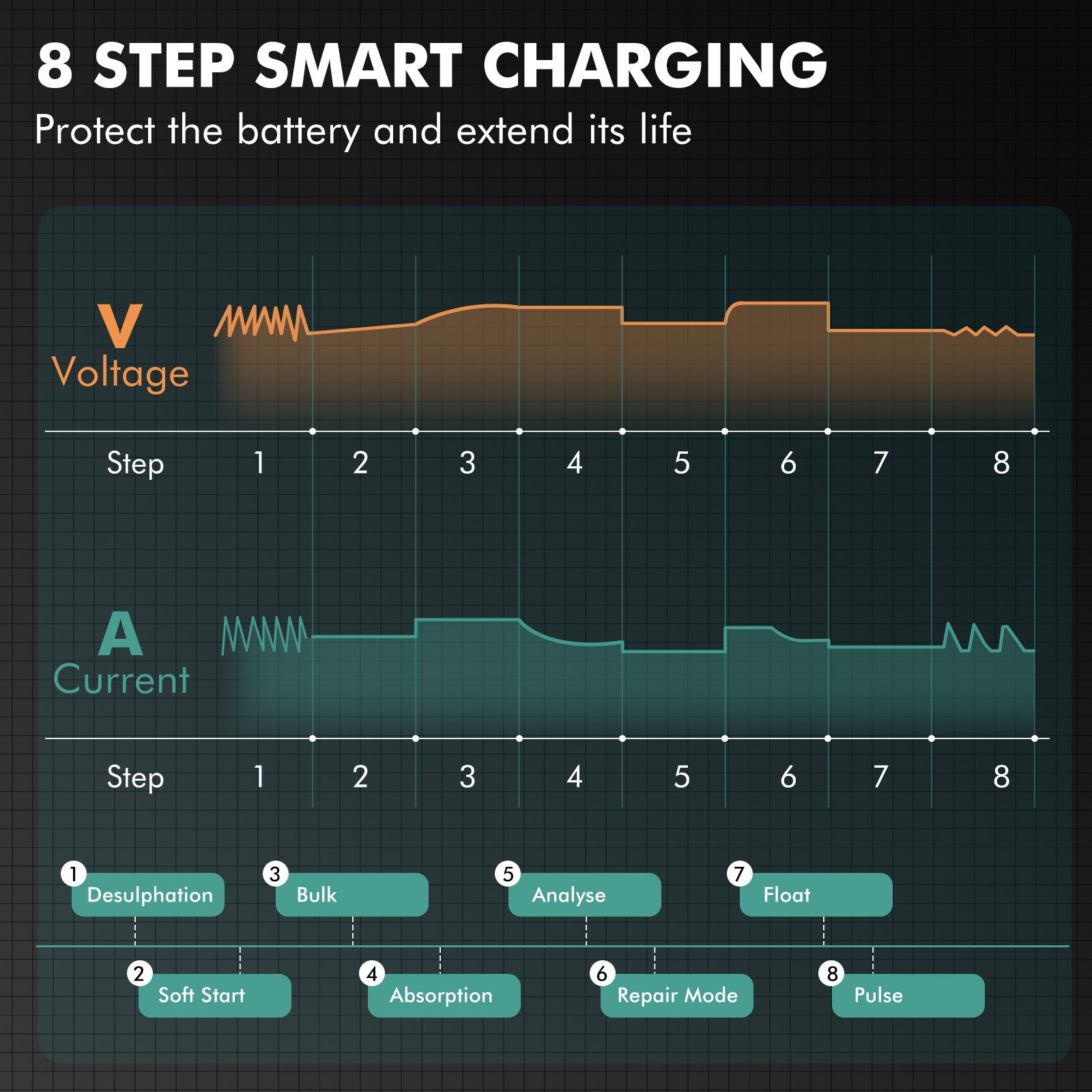 8-stage battery charger Long time connection IP65 waterproof battery repair and battery detection CCA test