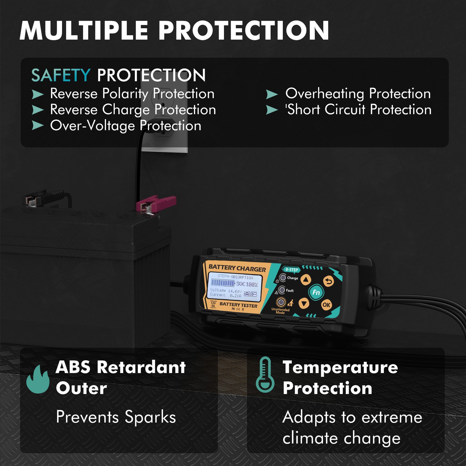 8-stage battery charger Long time connection IP65 waterproof battery repair and battery detection CCA test