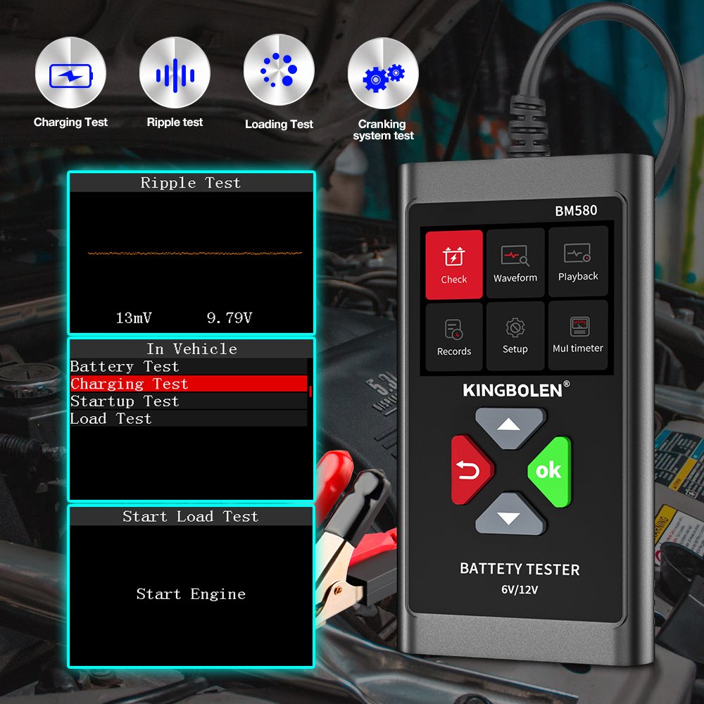 BM580 Car Battery Tester 6V 12V Analyzer 100-2000CCA 2AH-220AH Reversible Access Clip Voltmeter Voltage Checker Ripple Test