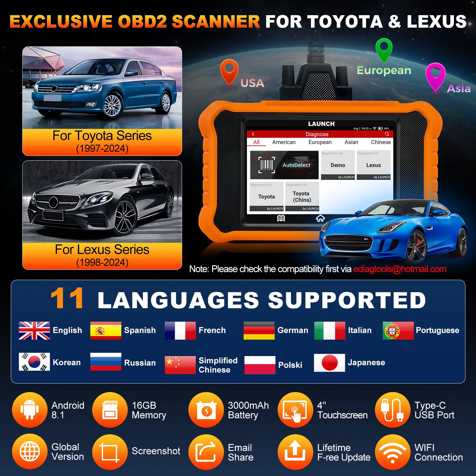 Launch CRE 2.0 OBD2 Code Reader Full System Bi-Directional Scan Tool for Toyota Engine Analyzer Diagnosis Tool for Cars