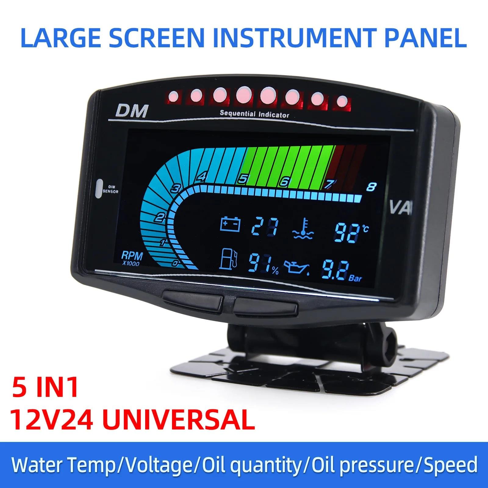 5 In 1 12V24V Universal LCD Instrument Panel Water Temp + Voltage + Fuel Level + Oil pressure + Tachometer LED Digital Car Gauge