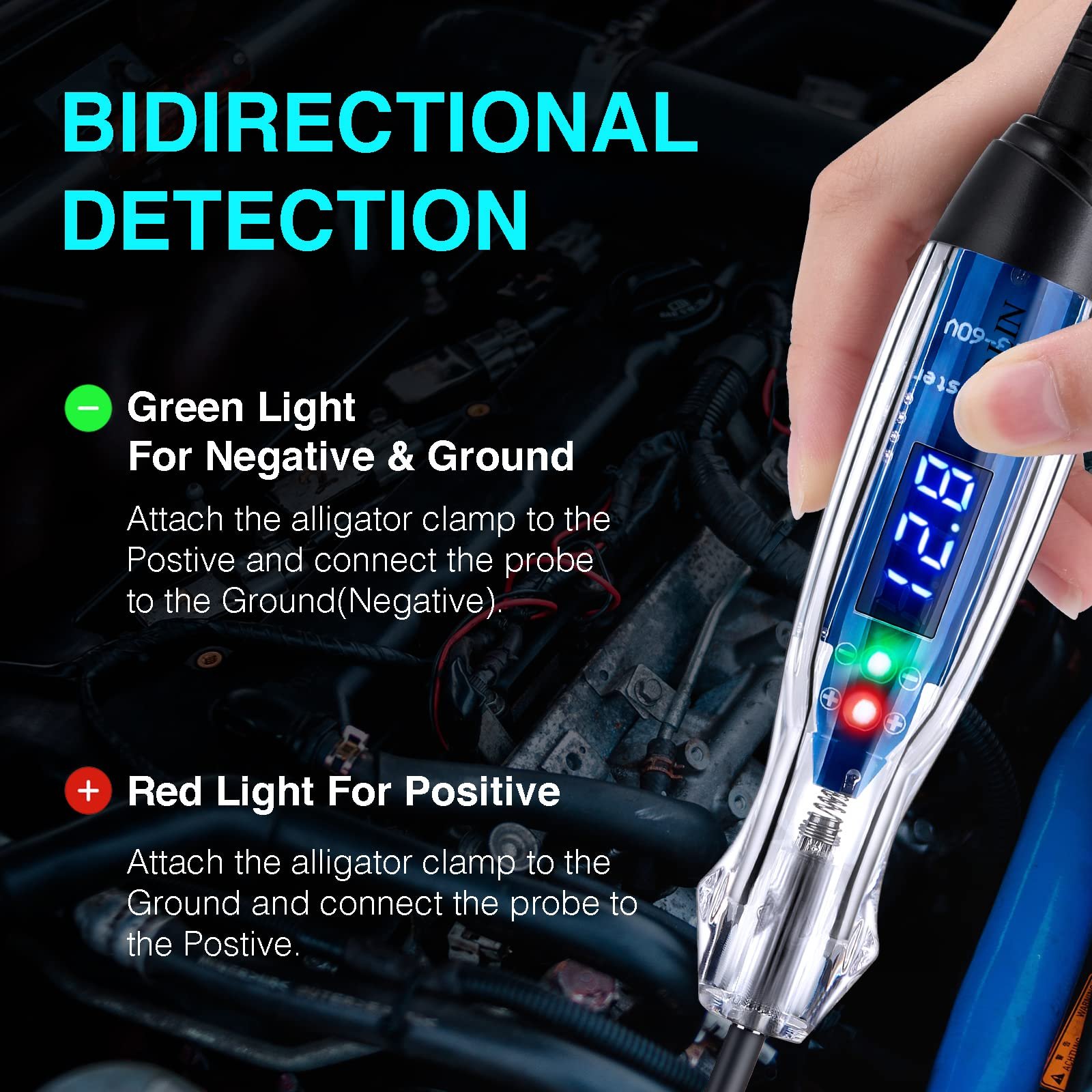 Automotive Test Light Pen 3-60V DC Battery Tester with LED Digital Voltmeter Marine Car Electrical Bidirectional Voltage Tester