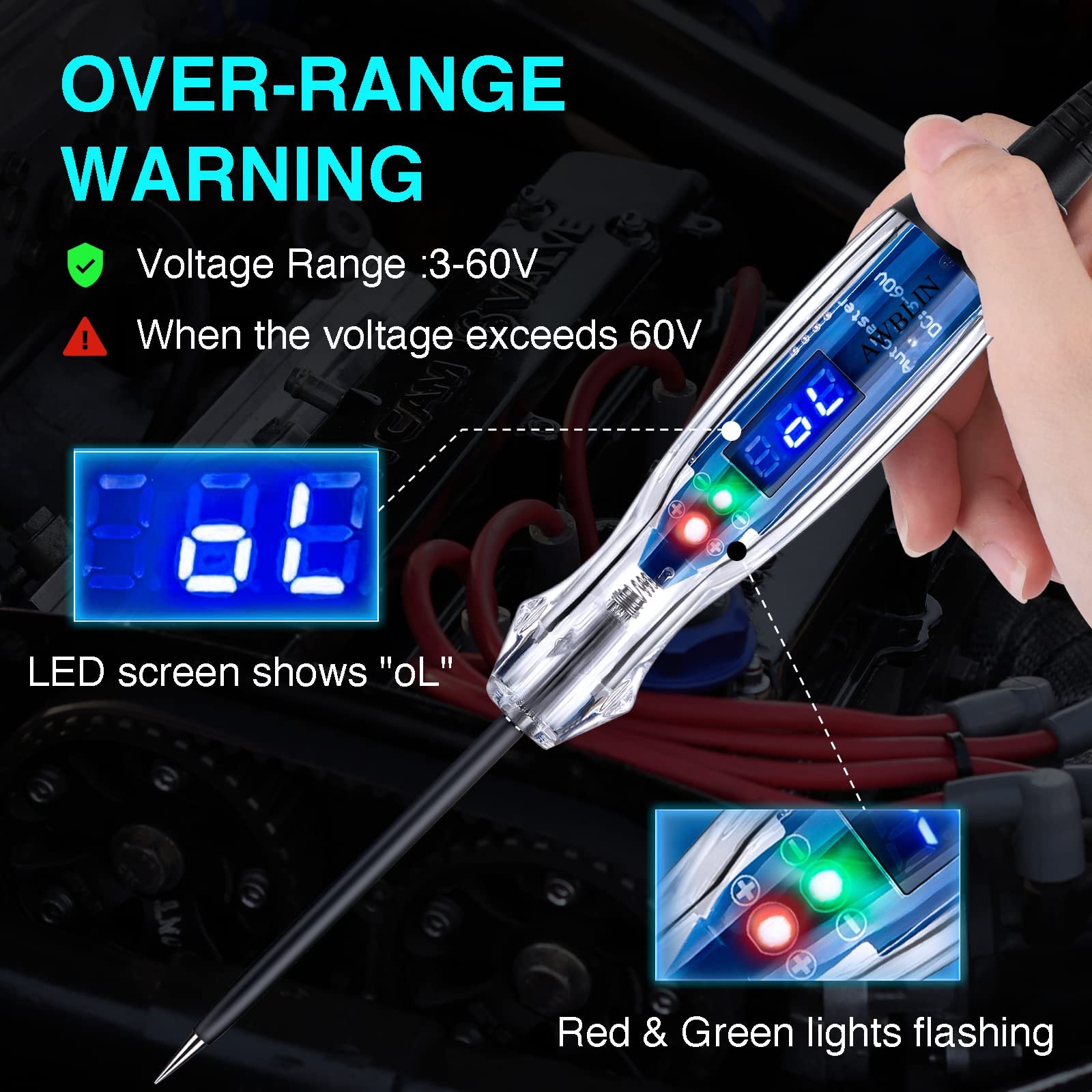 Automotive Test Light Pen 3-60V DC Battery Tester with LED Digital Voltmeter Marine Car Electrical Bidirectional Voltage Tester