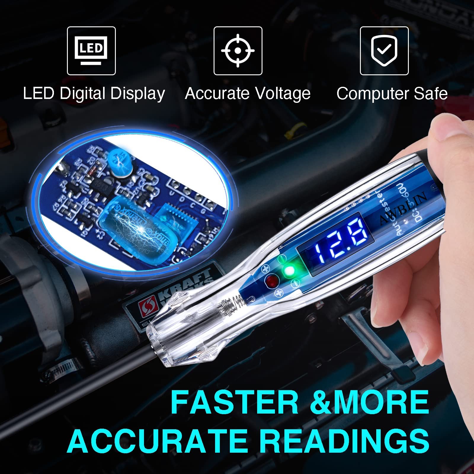 Automotive Test Light Pen 3-60V DC Battery Tester with LED Digital Voltmeter Marine Car Electrical Bidirectional Voltage Tester