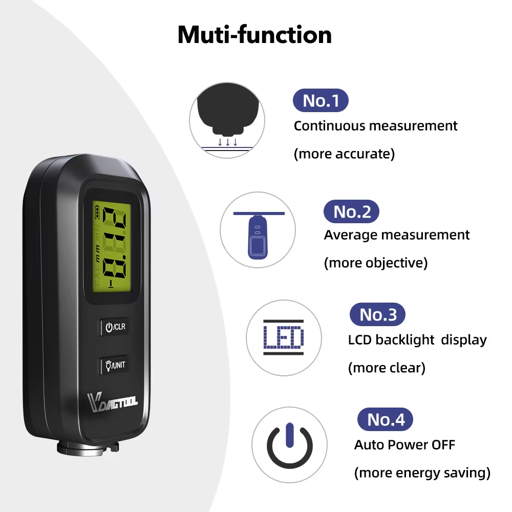 VDIAGTOOL VC100 Coating Thickness Gauge Digital Backlight Car Paint Electroplate Metal Coating Tester English Manual