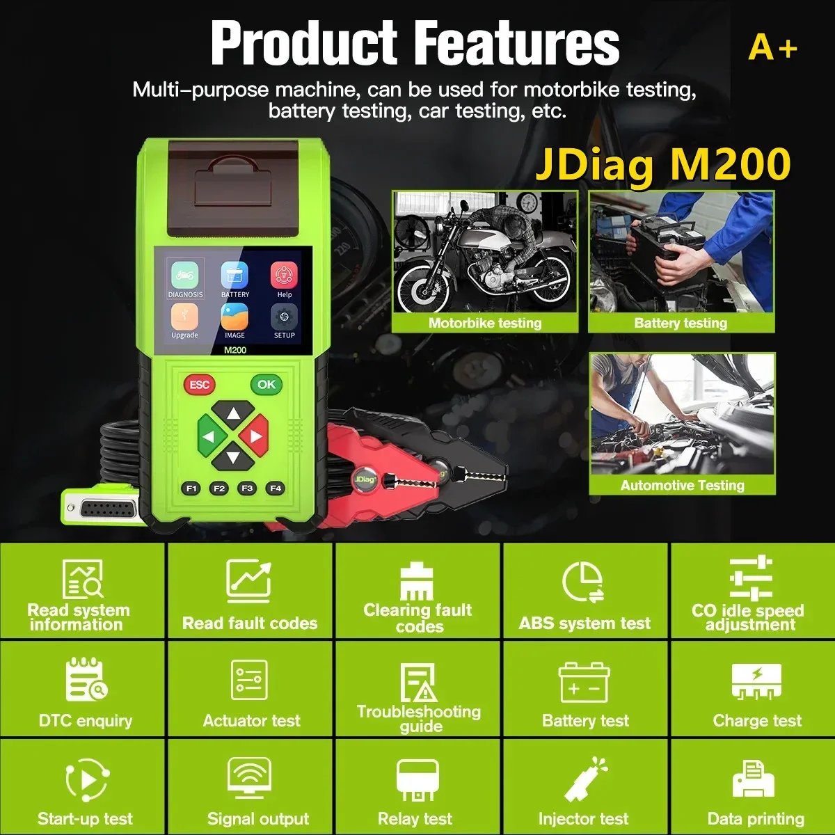 A+ JDiag M200 Motorcycle Diagnostic OBD2 Scanner Moto Fault Code Reader Battery Tester Motoscan Tool For Yamaha Update of M100