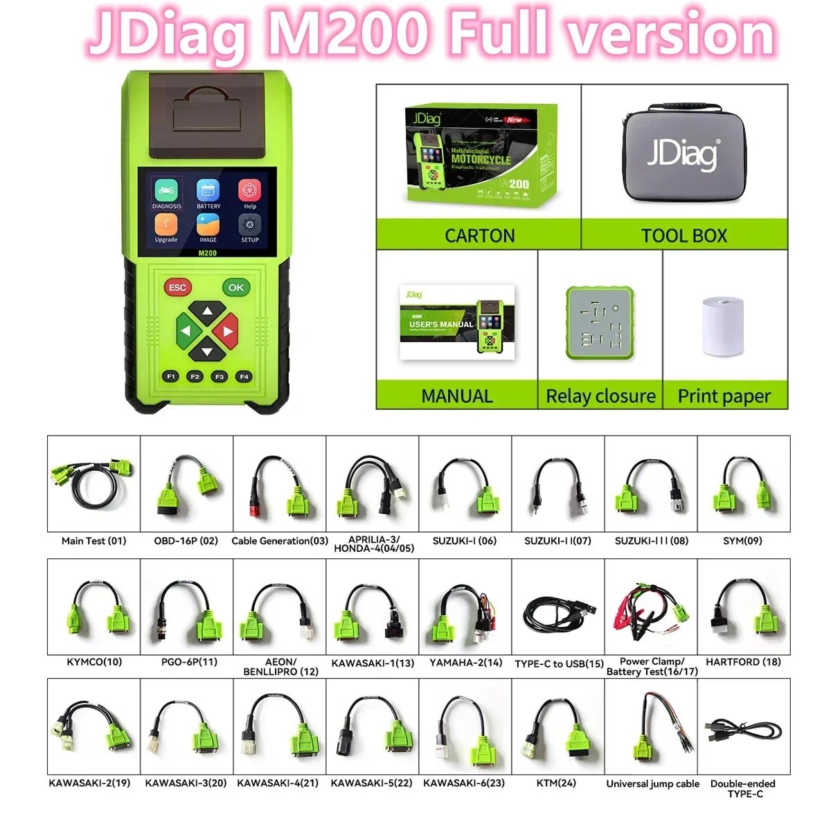 A+ JDiag M200 Motorcycle Diagnostic OBD2 Scanner Moto Fault Code Reader Battery Tester Motoscan Tool For Yamaha Update of M100