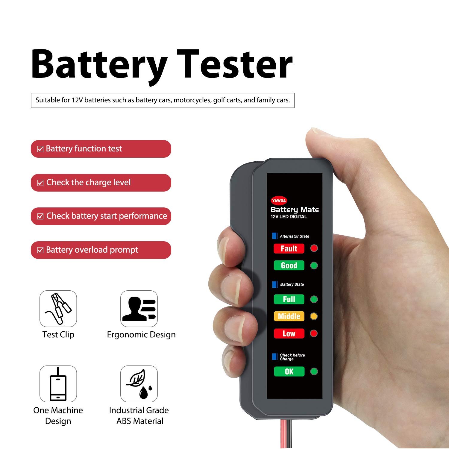 Easy to Operate 6 LED Indictors 12V Auto Car Battery Tester Mate and Alternator Automotive Load Detector