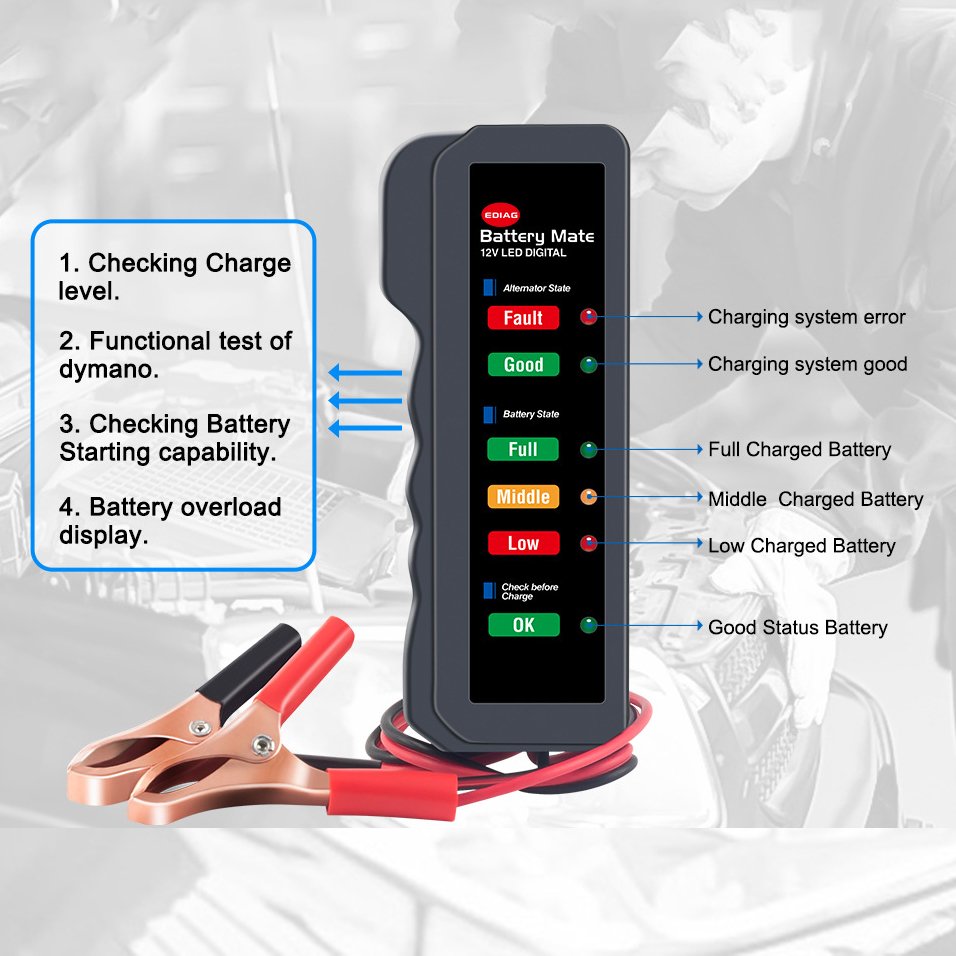 Easy to Operate 6 LED Indictors 12V Auto Car Battery Tester Mate and Alternator Automotive Load Detector