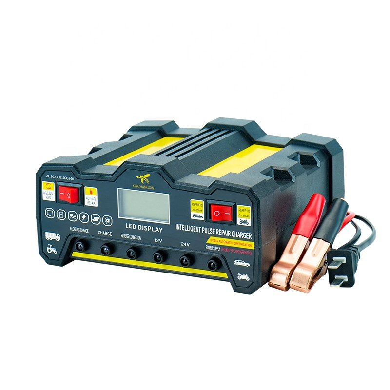 Yellow Colour US EU Plug 12V24V 220W Car Battery Charger Fully Automatic High Frequency Intelligent Pulse Repair Fast Tester LCD