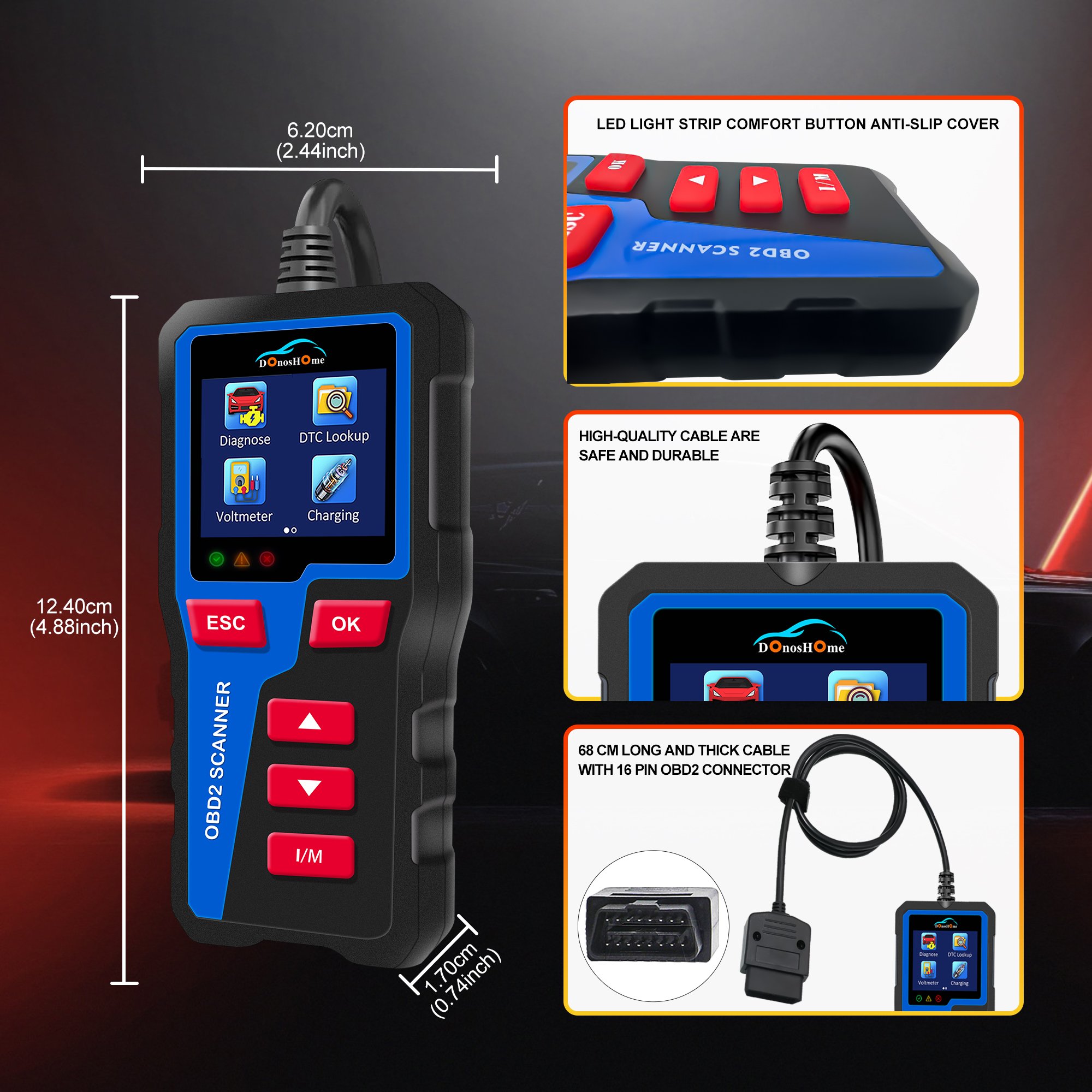 3-in-1 OBD2 Engine Fault Code Reader Battery Level Indicator Voltmeter Freeze Frame DTC Lookup I/M Readiness Cranking Test