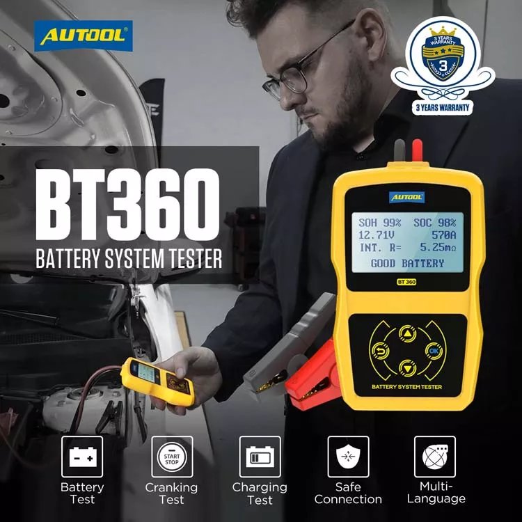 AUTOOL BT360 12V Car Battery Tester Digital Automotive Diagnostic Battery Tester Analyzer Vehicle Cranking Charging Scanner Tool