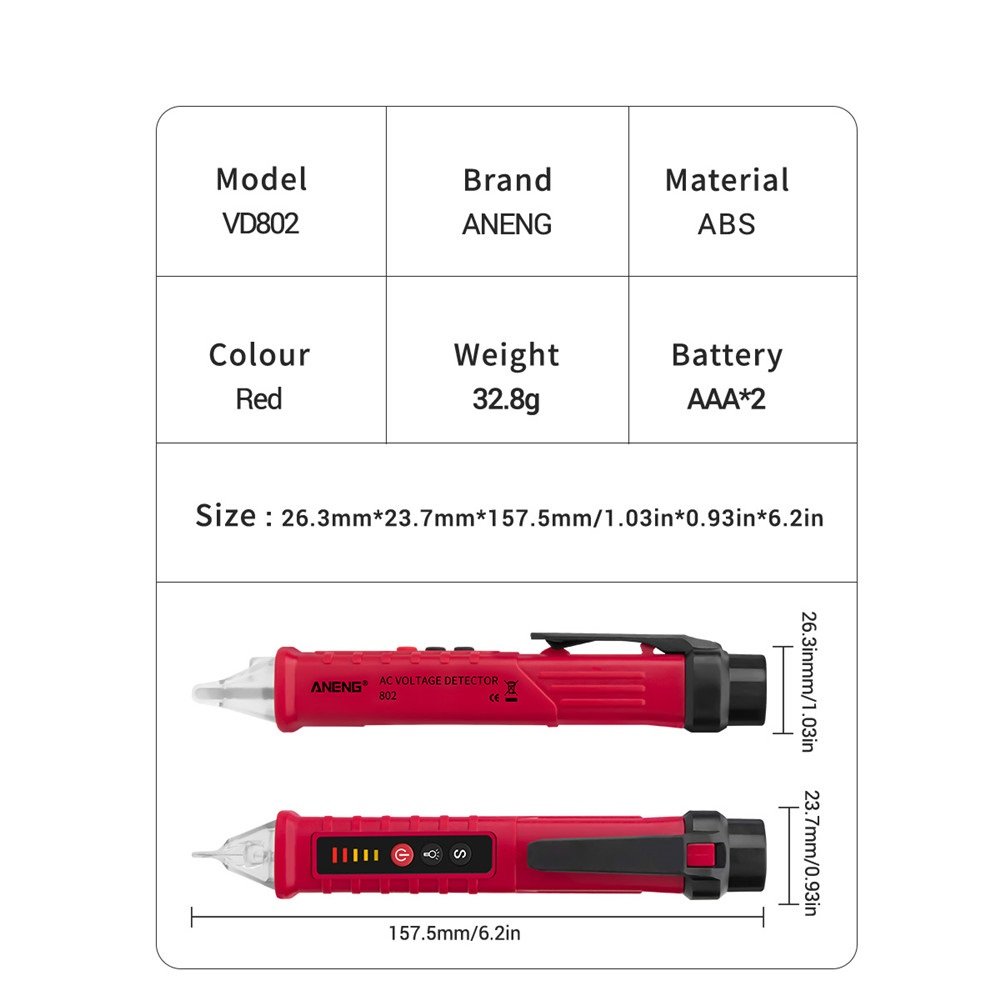 VD802 Portable Non-Contact AC Detector Tester NCV Sensitivity Pen Style Electric Indicator LED Voltage Meter 12-1000v