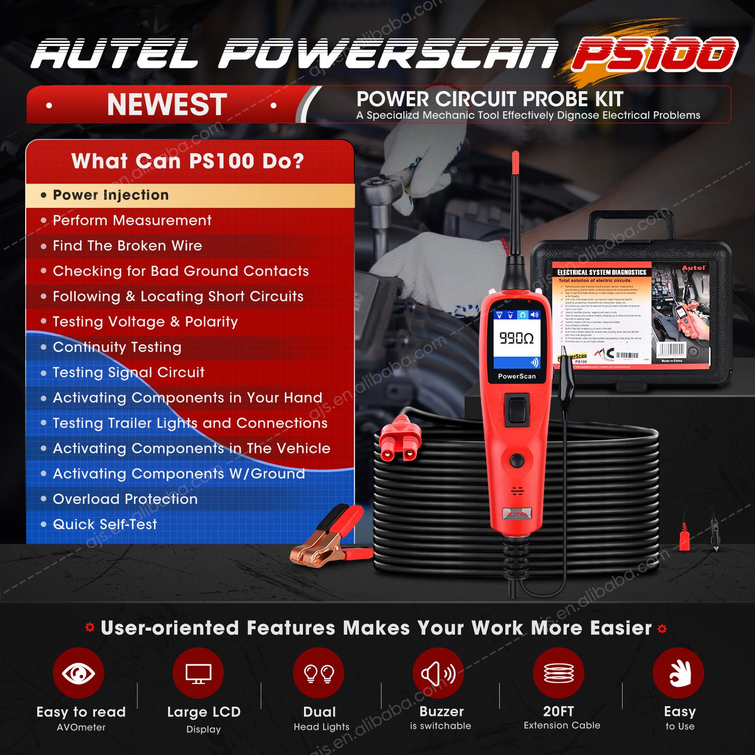Autel Official Store PowerScan PS100 Car Circuit Scan Automotive Battery Tester Electrical System AC DC Voltage Diagnostic Tool