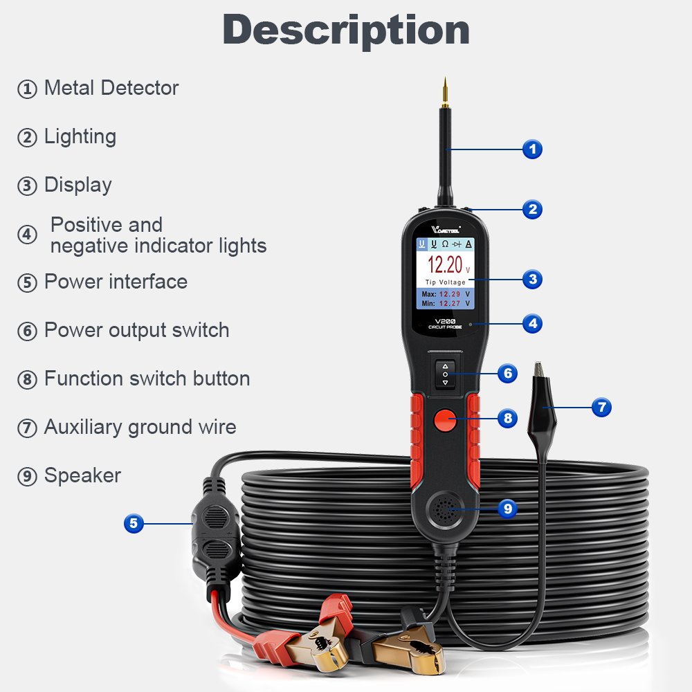 VDIAGTOOL V200 Automotive Circuit Tester Power Circuit Probe Kit Built-in Flashlight Electrical System Diagnostic Tool PK PS100