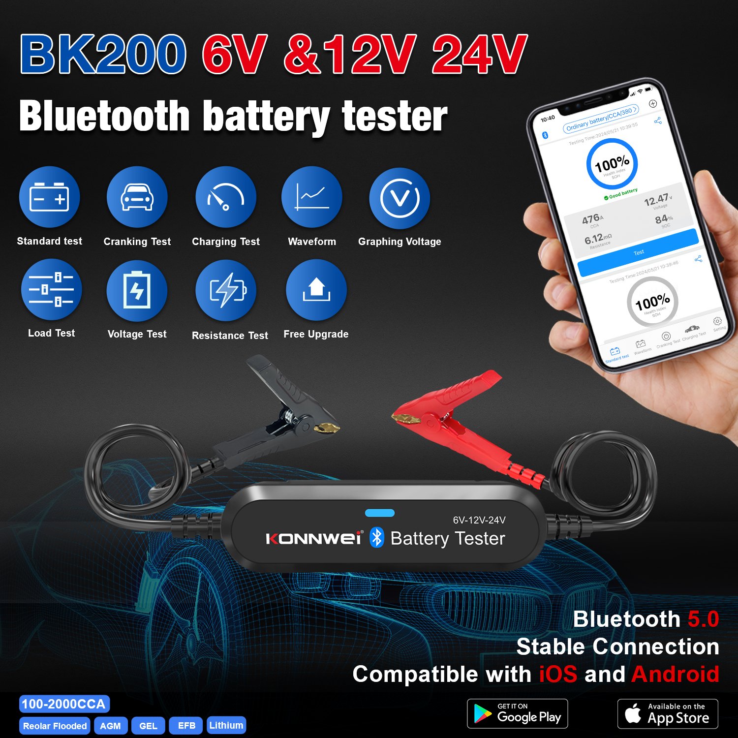 6V 12V 24V Battery Digital Tester Wireless Auto Battery Charging Cranking Test Tool Bluetooth Automotive Battery Analyzer BK200