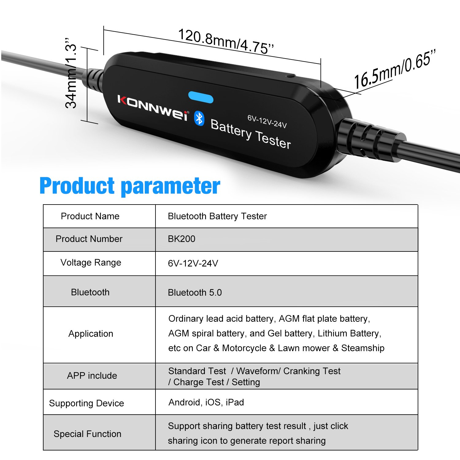 6V 12V 24V Battery Digital Tester Wireless Auto Battery Charging Cranking Test Tool Bluetooth Automotive Battery Analyzer BK200