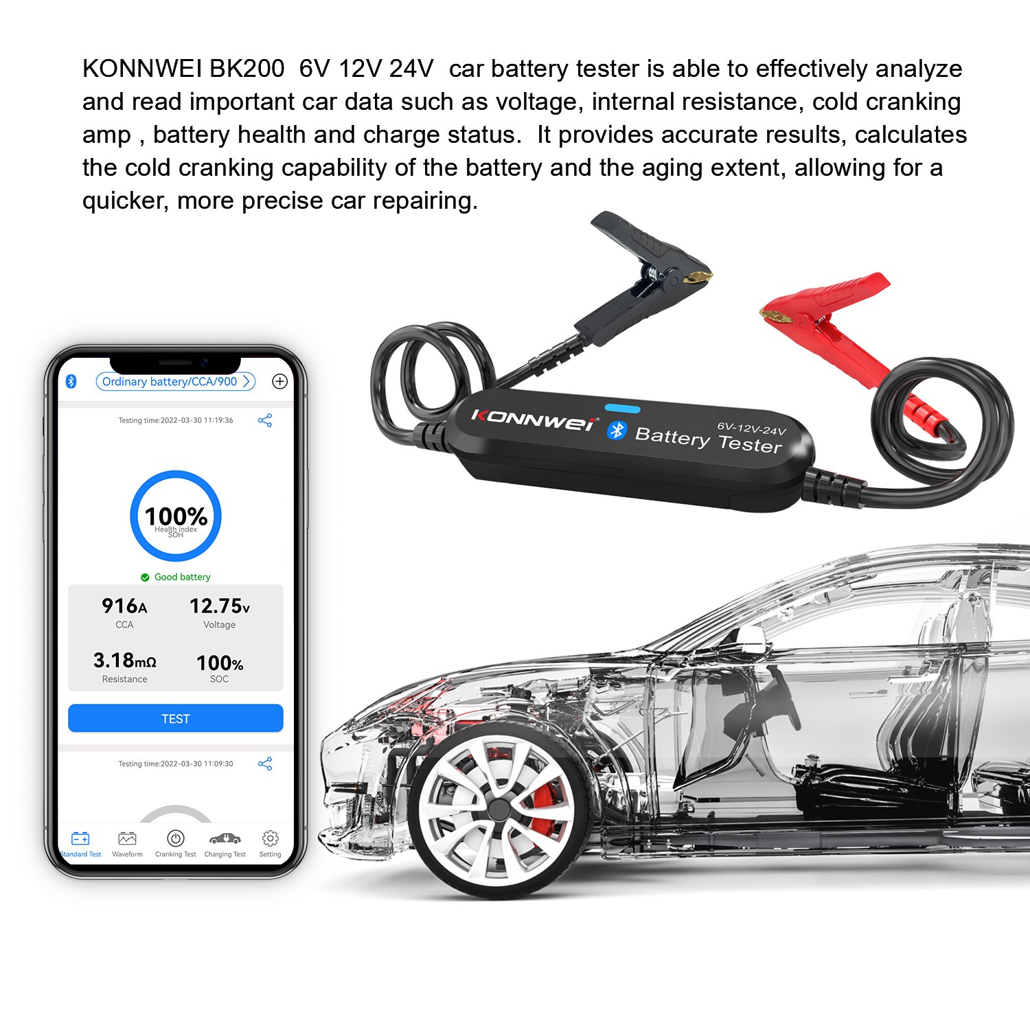 6V 12V 24V Battery Digital Tester Wireless Auto Battery Charging Cranking Test Tool Bluetooth Automotive Battery Analyzer BK200