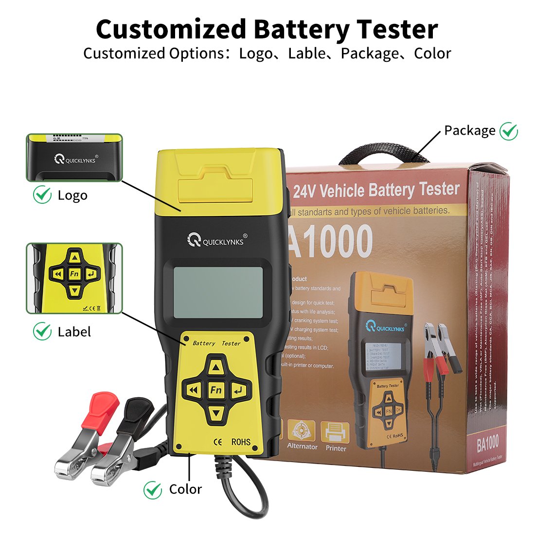 BA1000 12V Digital Car Battery Tester Diagnostic Tools Battery Voltmeter and Charging System Analyzer Tester with Printer 12