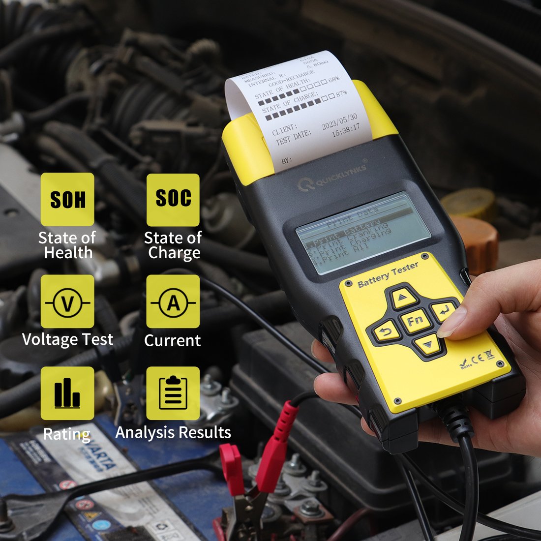 BA1000 12V Digital Car Battery Tester Diagnostic Tools Battery Voltmeter and Charging System Analyzer Tester with Printer 12
