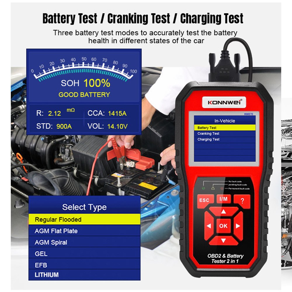 KONNWEI Lithium battery tester lead acid battery analyzer diagnostic tool 2in1 car battery tester for print and upgrade