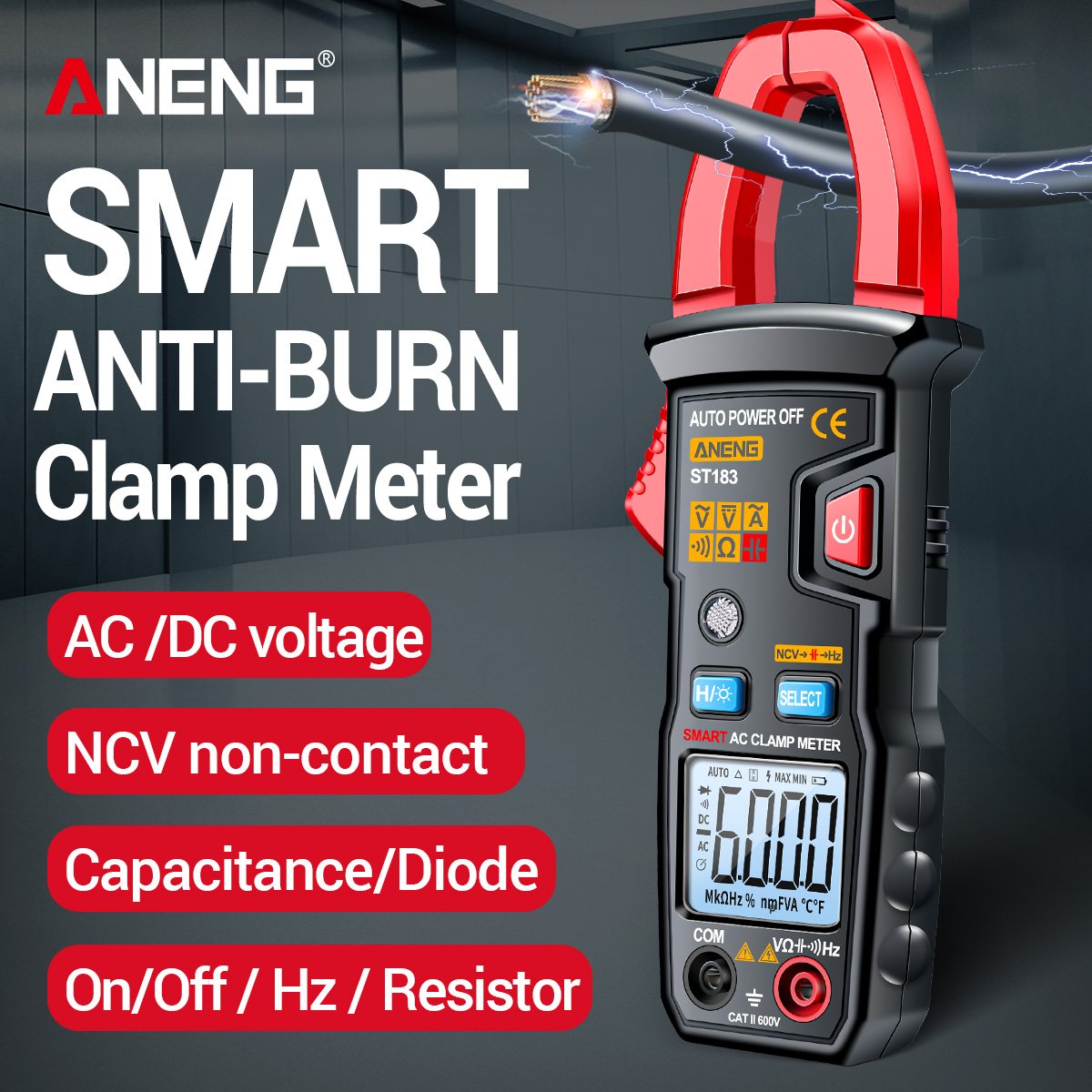 ANENG ST183 Digital Clamp Ammeter Pliers AC Current 6000 Counts True RMS DC/AC Voltage Tester Hz Capacitance NCV Ohm Clamp Meter