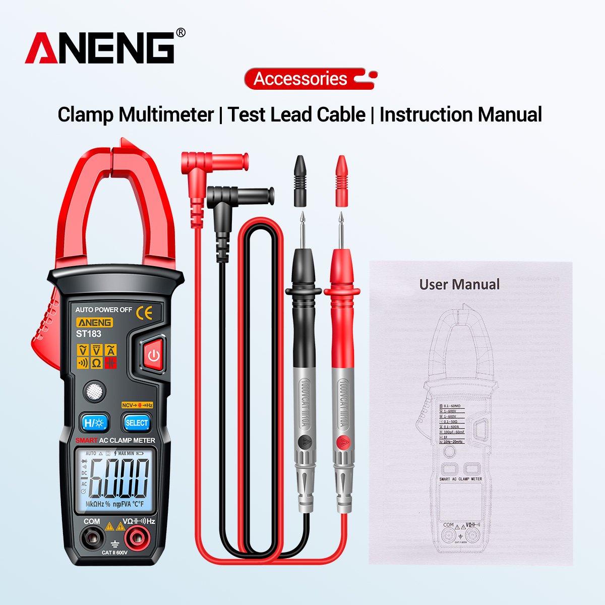 ANENG ST183 Digital Clamp Ammeter Pliers AC Current 6000 Counts True RMS DC/AC Voltage Tester Hz Capacitance NCV Ohm Clamp Meter