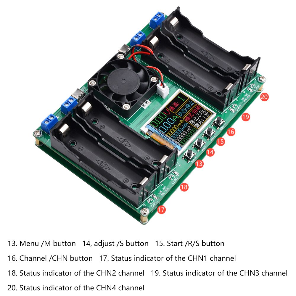 Four-channel 18650 battery capacity internal resistance tester automatic charging module internal resistance tester Type-C