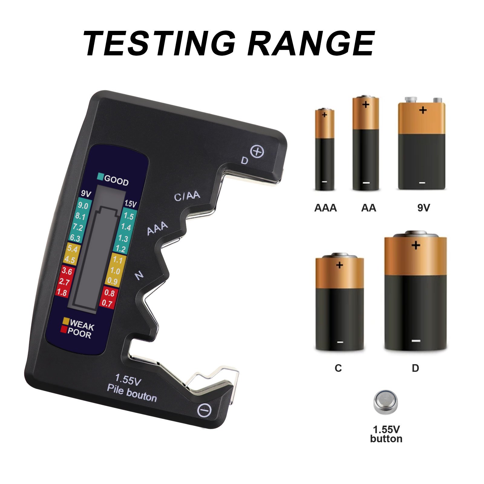 BAT-377 Pocket Size Battery Tester Checker C AA AAA D N 9V 1.5V Button Cell Batteries Clear Bar Graph LCD Display