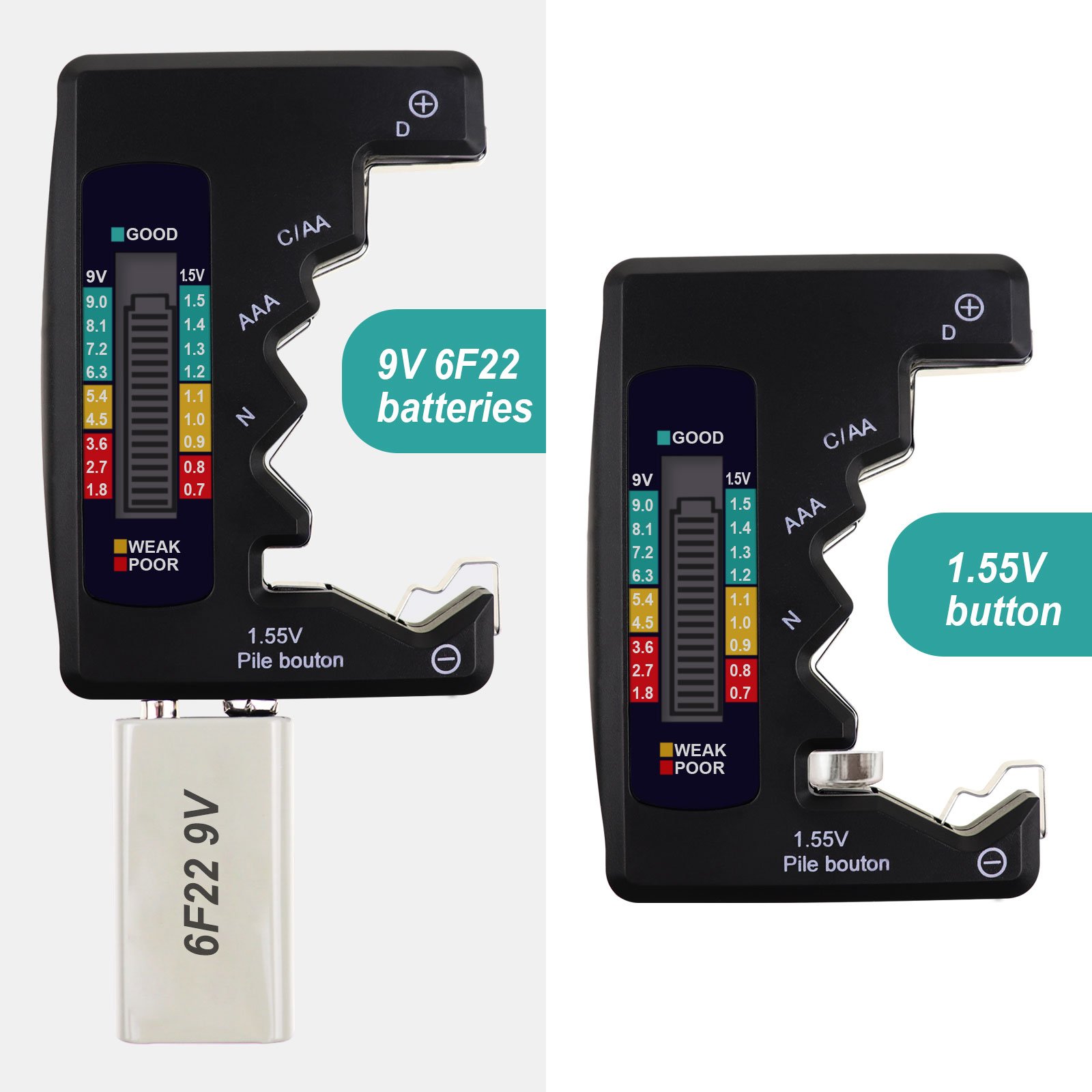 BAT-377 Pocket Size Battery Tester Checker C AA AAA D N 9V 1.5V Button Cell Batteries Clear Bar Graph LCD Display