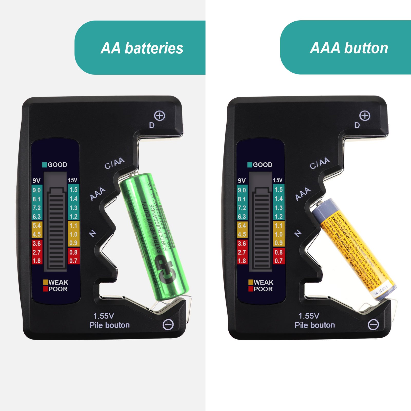 BAT-377 Pocket Size Battery Tester Checker C AA AAA D N 9V 1.5V Button Cell Batteries Clear Bar Graph LCD Display