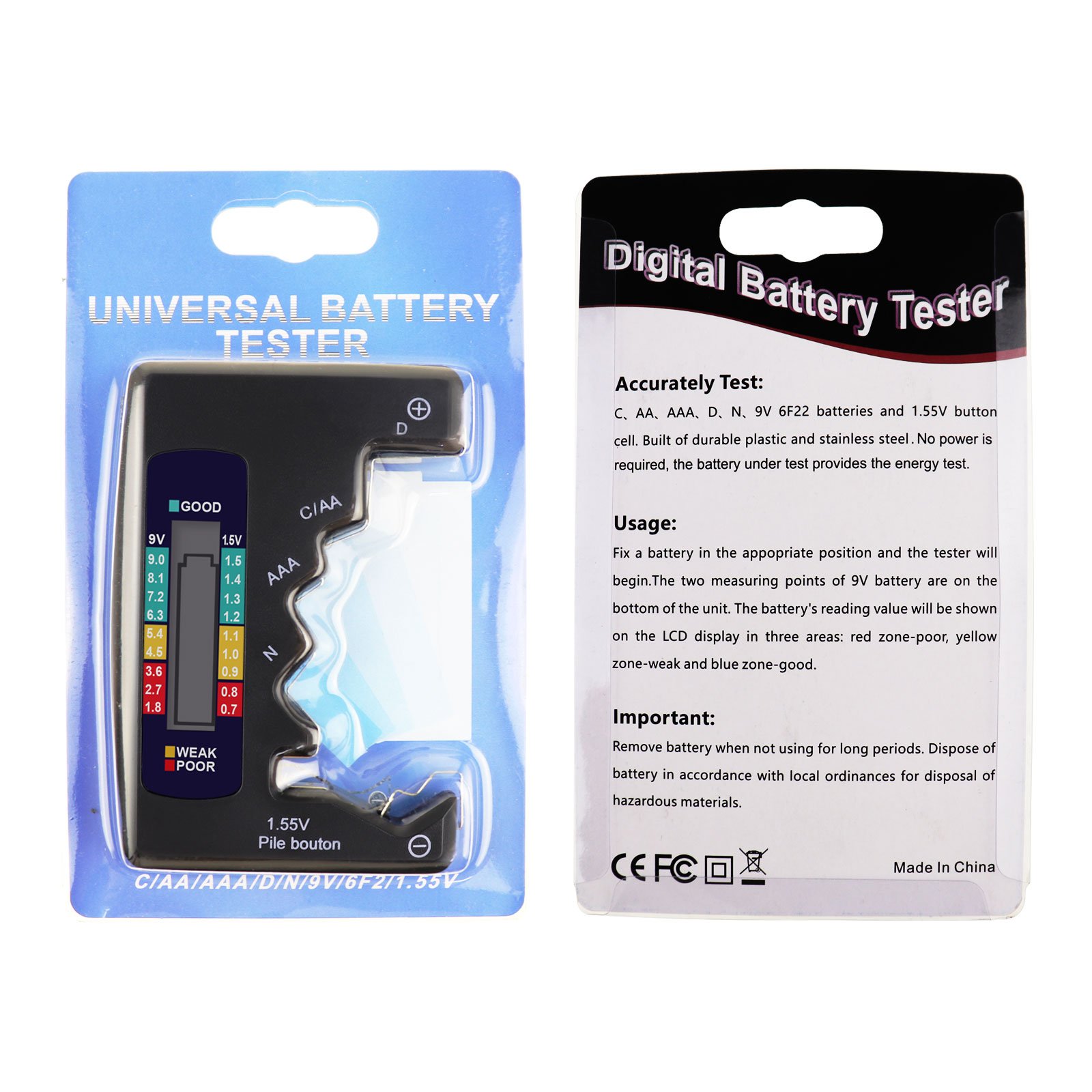BAT-377 Pocket Size Battery Tester Checker C AA AAA D N 9V 1.5V Button Cell Batteries Clear Bar Graph LCD Display