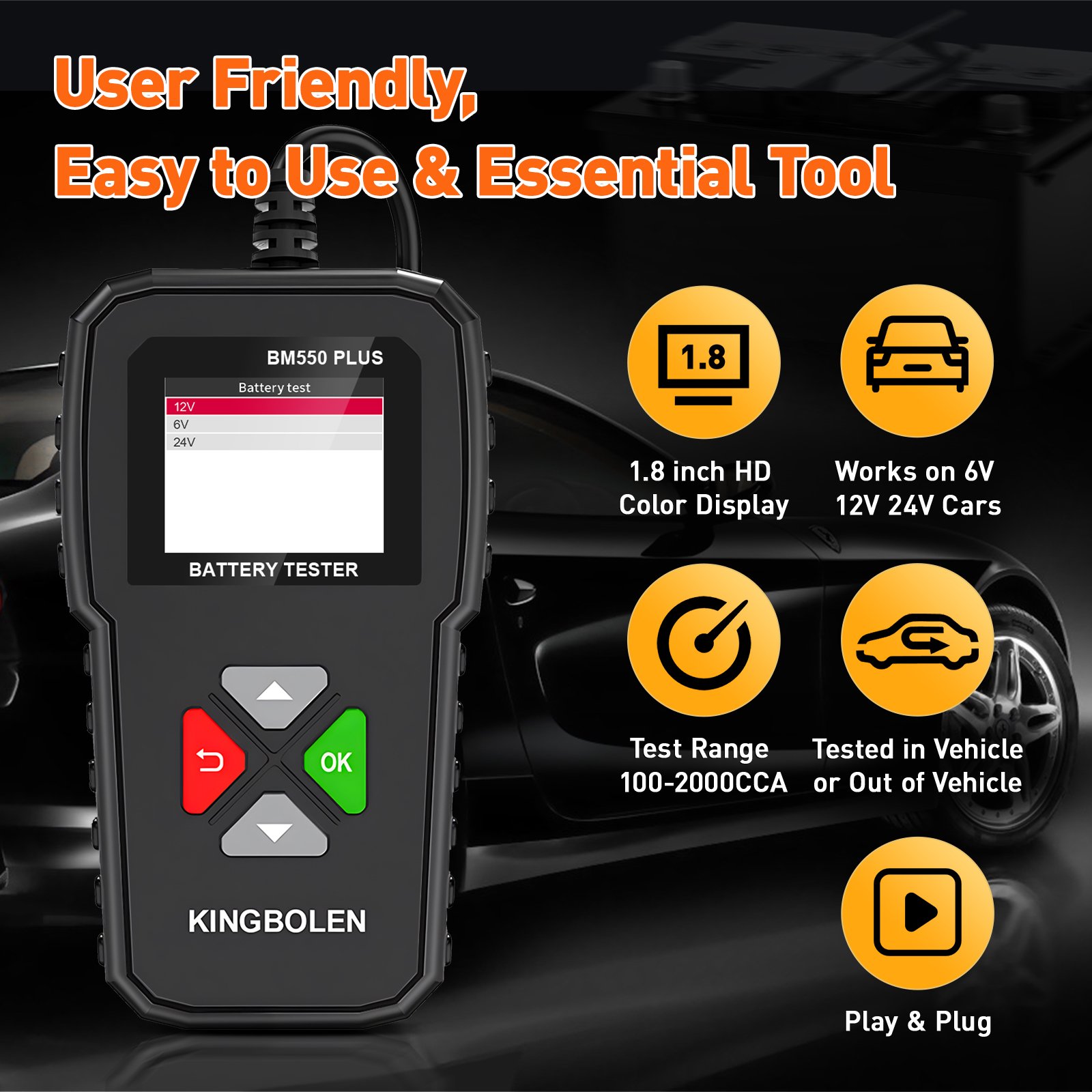 Kingbolen BM550 PLUS Car Battery Tester 100-2000 CCA Automotive Alternator Tester Digital Auto Battery Analyzer