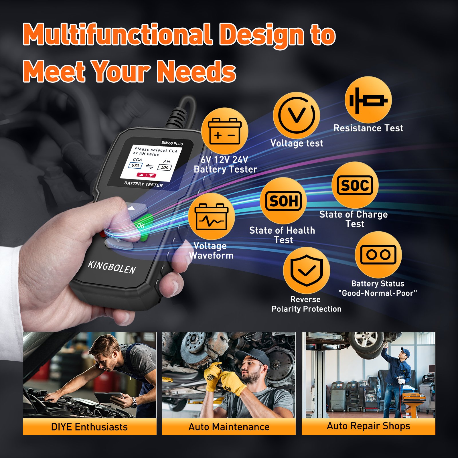 Kingbolen BM550 PLUS Car Battery Tester 100-2000 CCA Automotive Alternator Tester Digital Auto Battery Analyzer