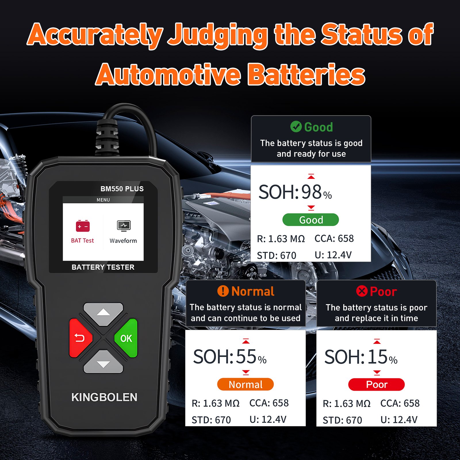 Kingbolen BM550 PLUS Car Battery Tester 100-2000 CCA Automotive Alternator Tester Digital Auto Battery Analyzer