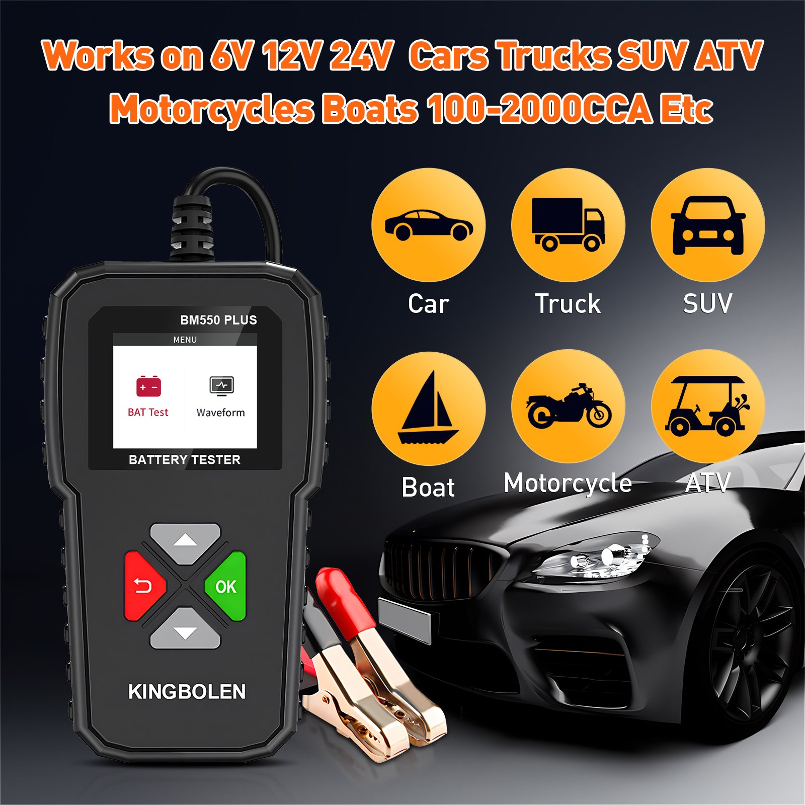 Kingbolen BM550 PLUS Car Battery Tester 100-2000 CCA Automotive Alternator Tester Digital Auto Battery Analyzer