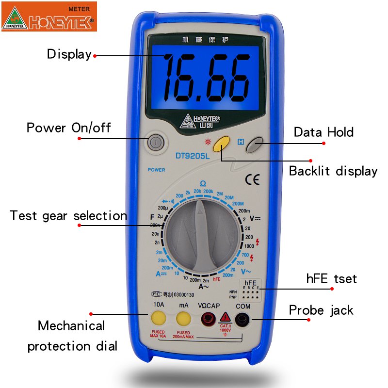 DT9205L High Precision Mechanical Protection Digital Multimeter Overload Protection Portable Digital Multimeter Battery Tester