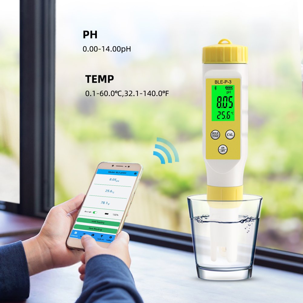 Bluetooth PH Meter 2 in 1 pH/ TEMP Accuracy 0.01 pH Water Tester With High Sensitive probe for Drinking Water BLE-P-3