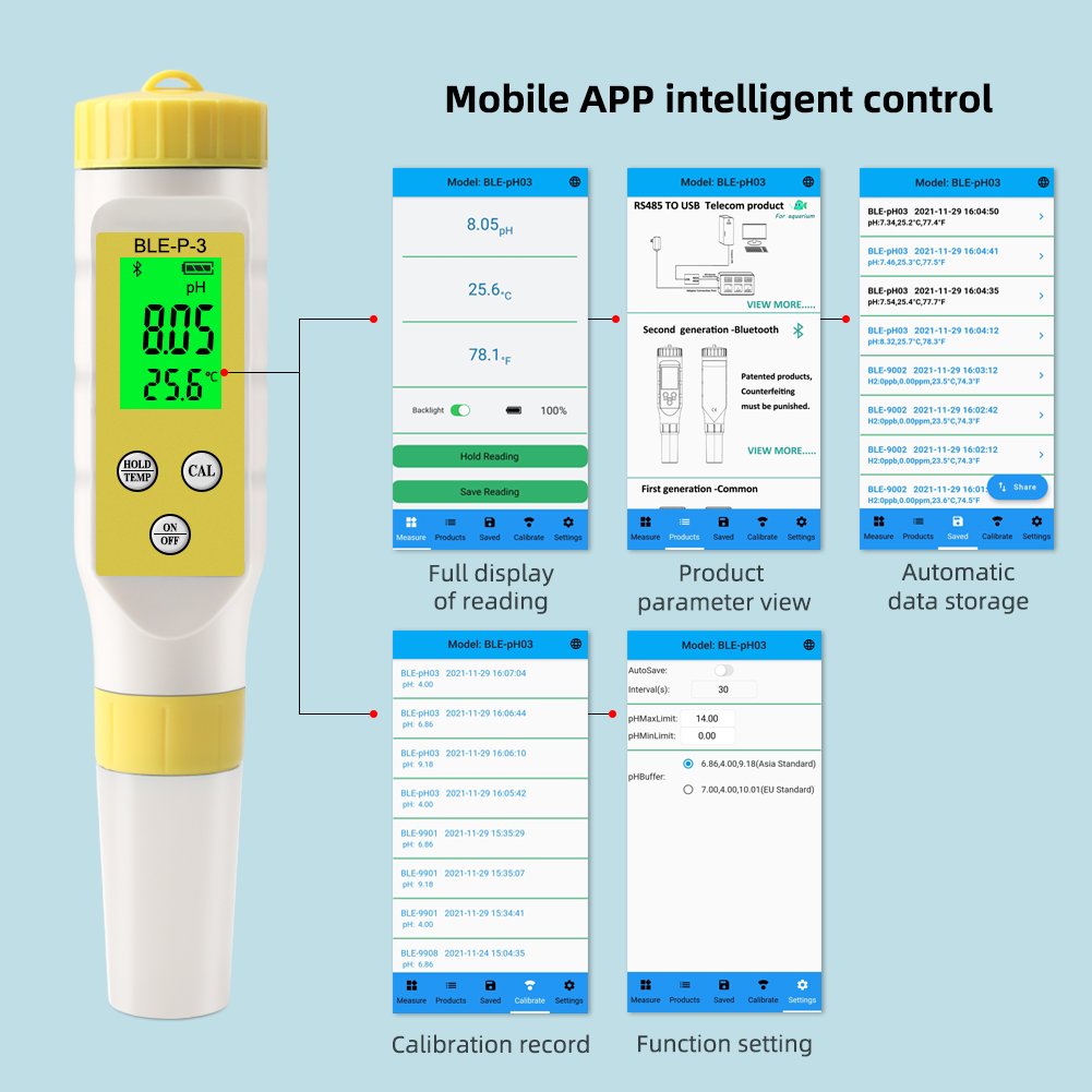 Bluetooth PH Meter 2 in 1 pH/ TEMP Accuracy 0.01 pH Water Tester With High Sensitive probe for Drinking Water BLE-P-3