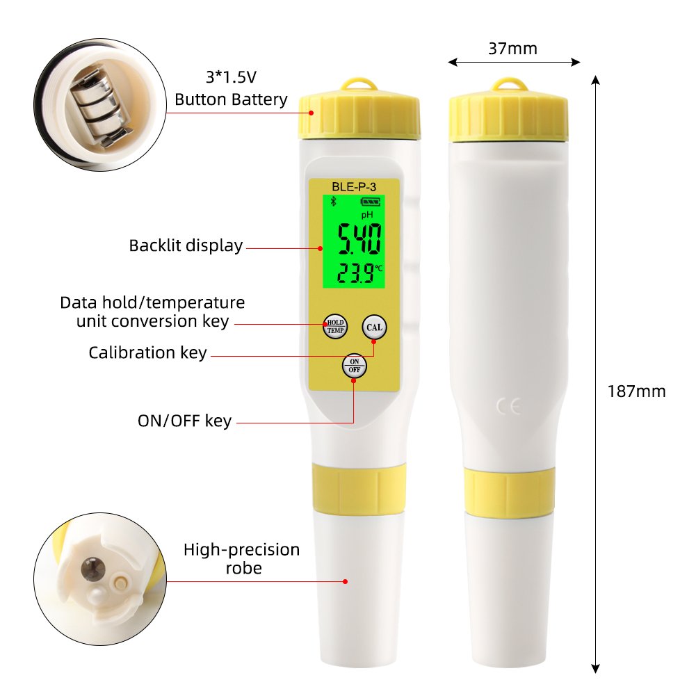 Bluetooth PH Meter 2 in 1 pH/ TEMP Accuracy 0.01 pH Water Tester With High Sensitive probe for Drinking Water BLE-P-3