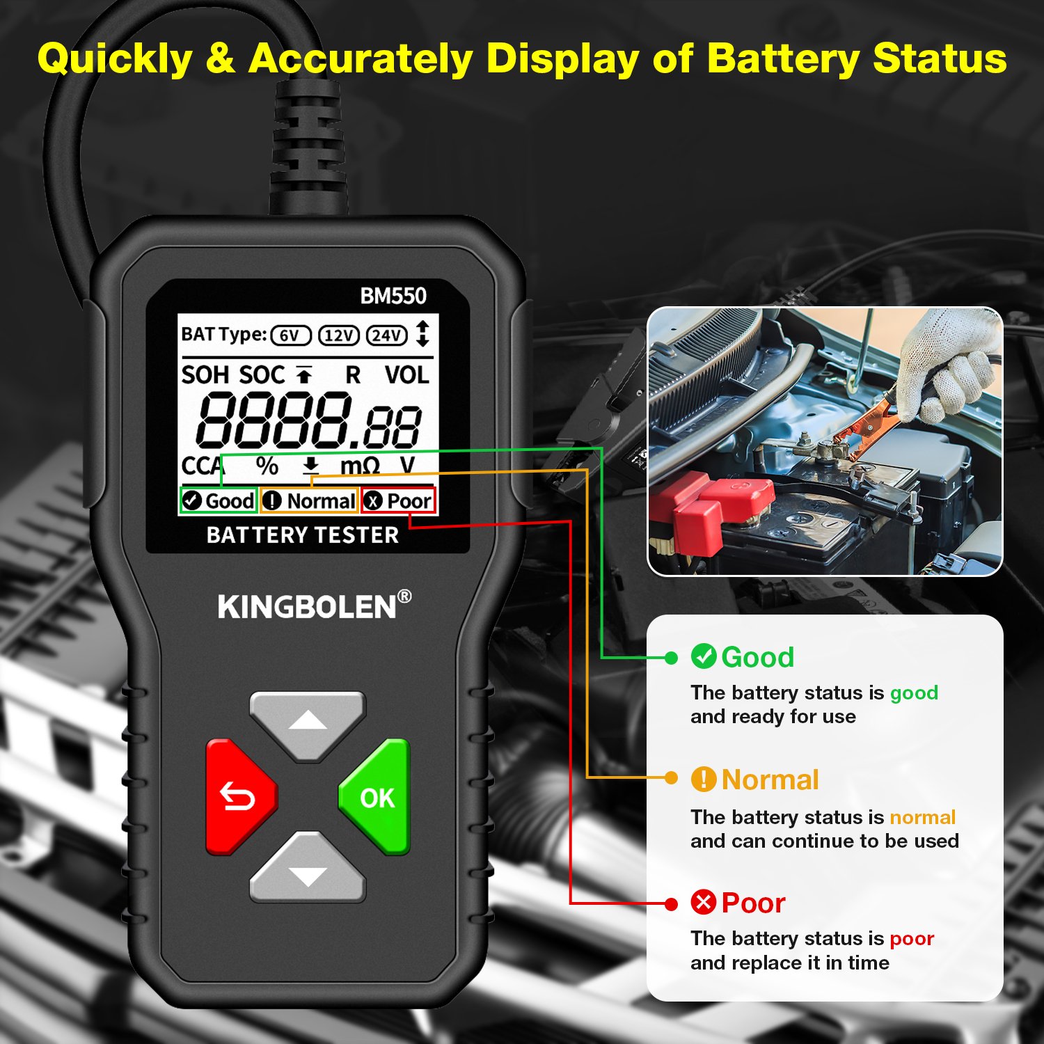 Hot Kingbolen BM550 6V 12V 24V Car Battery Tester Truck OBD2 Diagnostic Tool Obd 2 Scanner 100-2000 CCA Voltage Tester